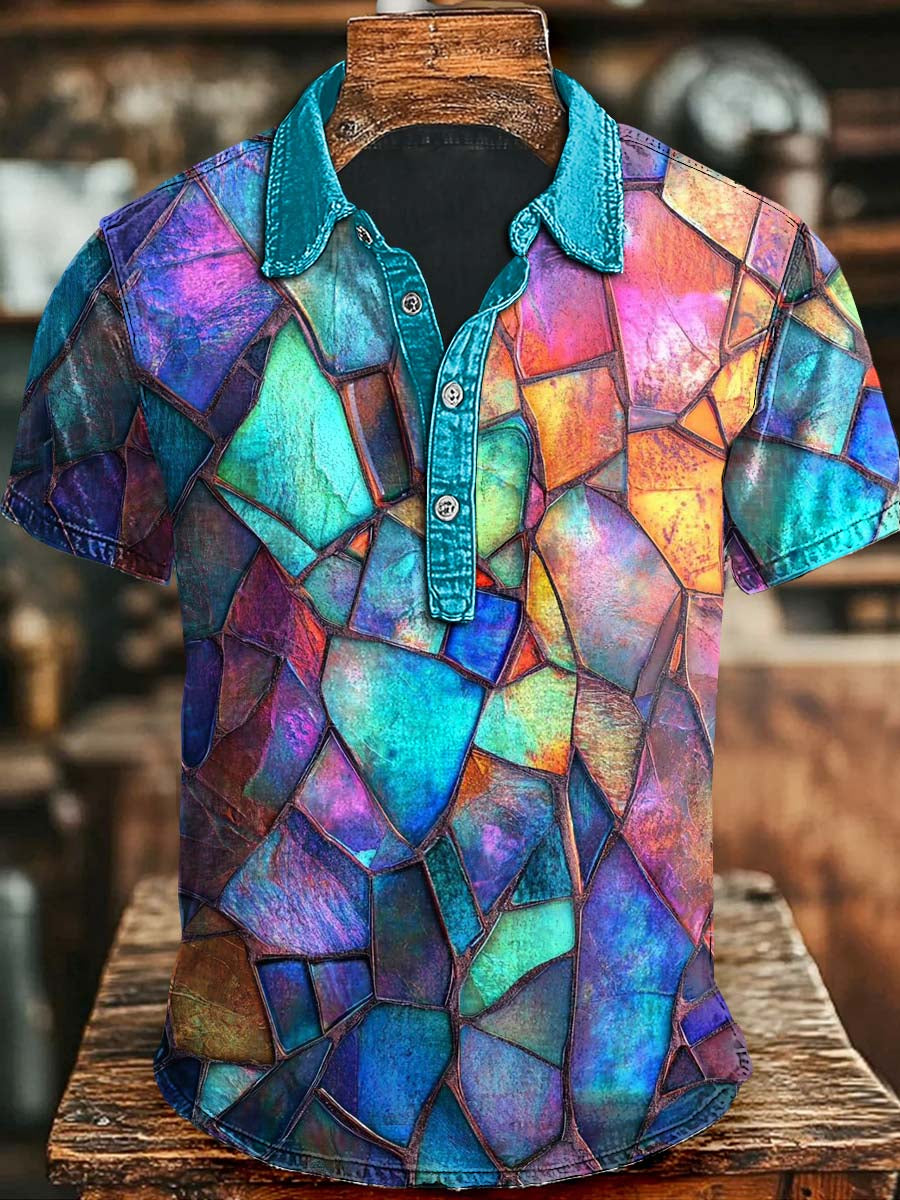 Abstract Colorful Glass Geometric Print Casual Short Sleeve Polo Shirt Halloween Day Present Ideas