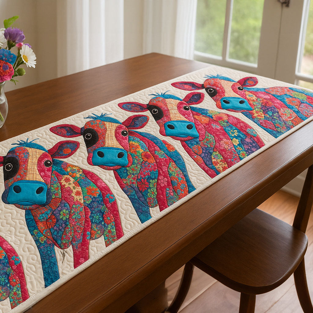 Abstract Cow Quilted Table Runner Rustic Farmhouse Table Runner Gift Ideas For Cow Lovers