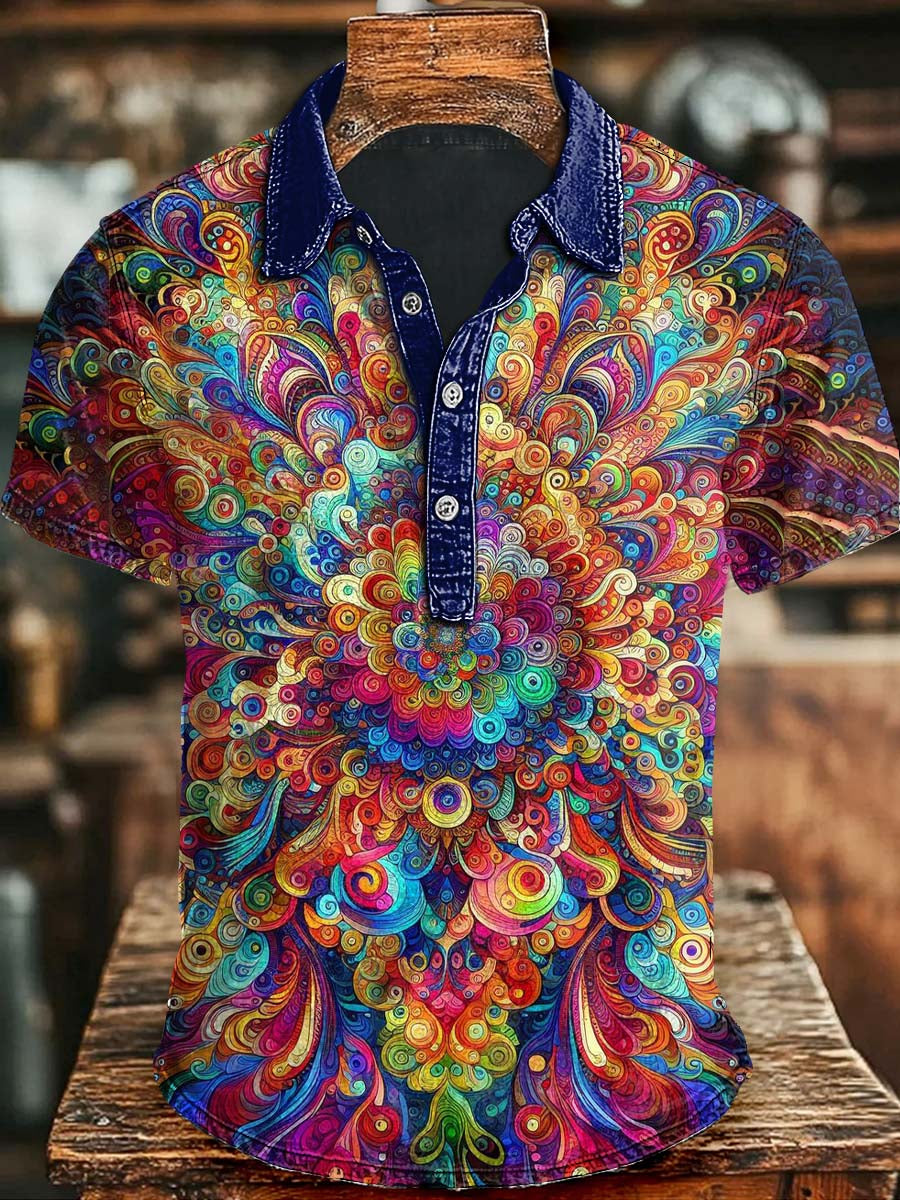 Abstract Dazzle Color Floral Print Casual Short Sleeve Polo Shirt Halloween Apparel Present Ideas For Adults