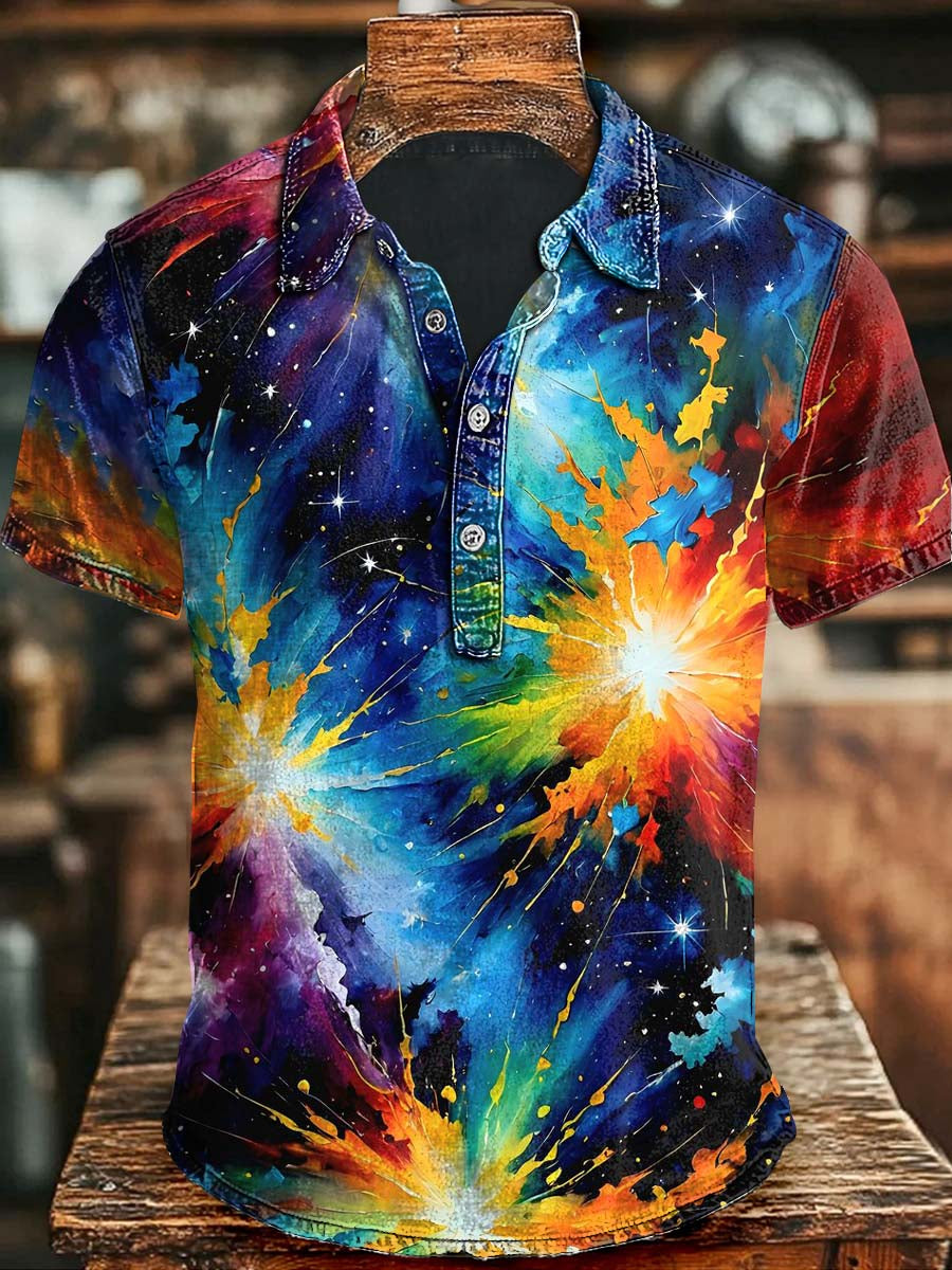 Abstract Dazzle Colorful Ink Splash Art Print Casual Short Sleeve Polo Shirt Apparel For Halloween Day