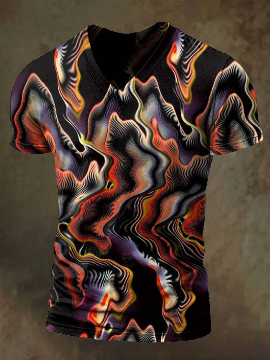 Abstract Flame Psychedelic V-Neck Shirt Colorful Trippy Pattern Graphic Tee Gifts For Men