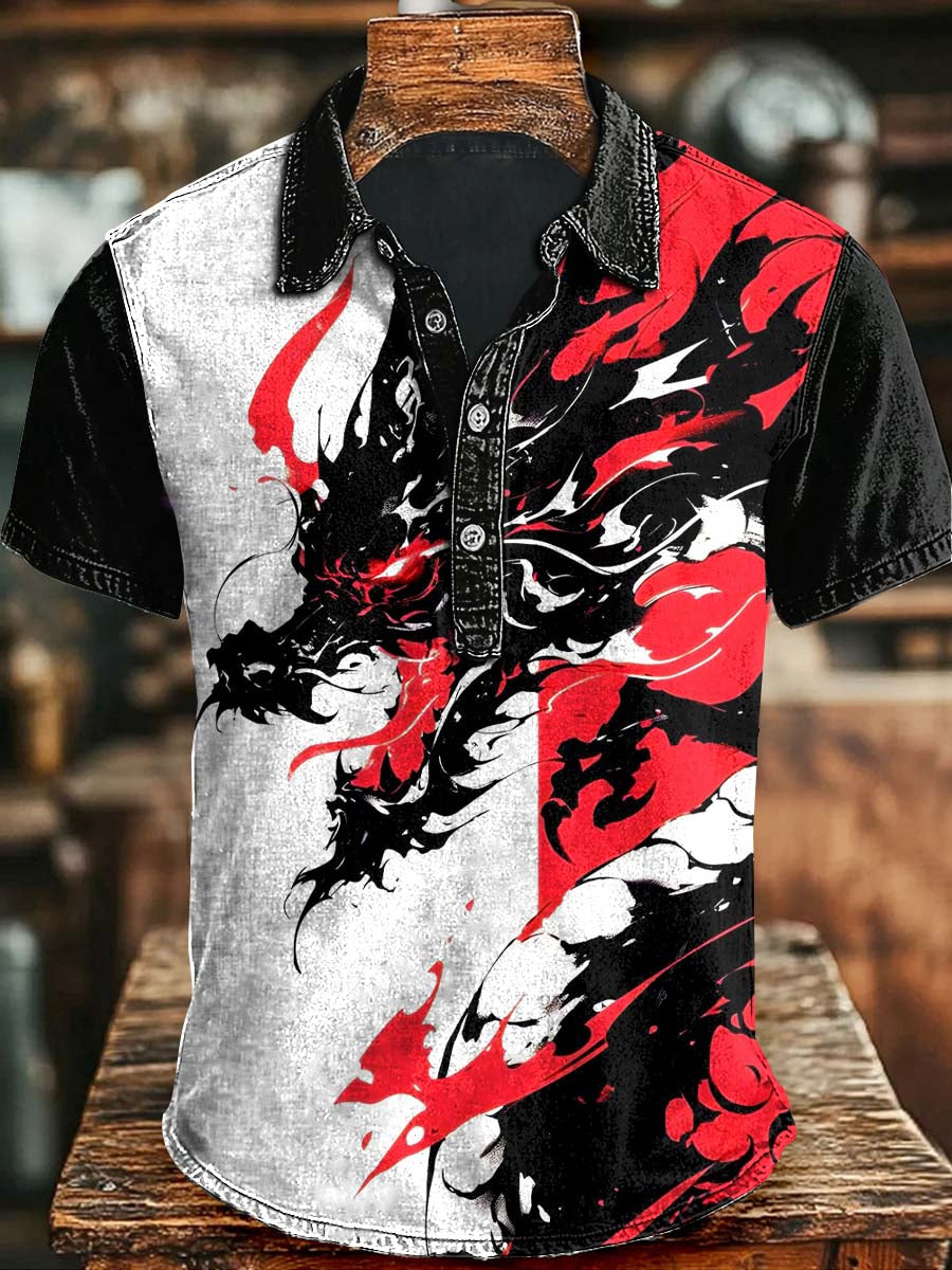 Abstract Gradient Dragon Print Casual Short Sleeve Polo Shirt Unique Halloween Gifts