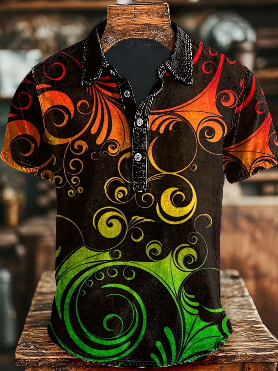 Abstract Gradient Floral Print Casual Short Sleeve Polo Shirt Gifts For Him On Halloween