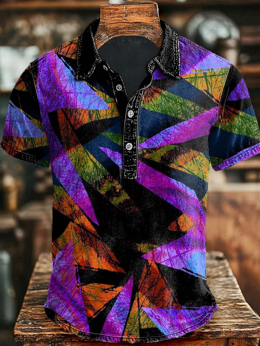 Abstract Gradient Geometric Patchwork Print Casual Short Sleeve Polo Shirt Halloween Gifts For Teens Witchy