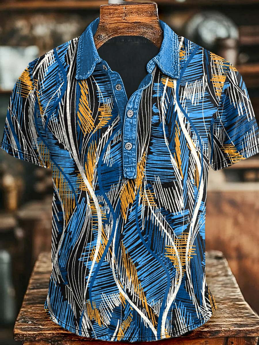 Abstract Line Leaf Print Casual Short Sleeve Polo Shirt Halloween Gift Ideas Witchy