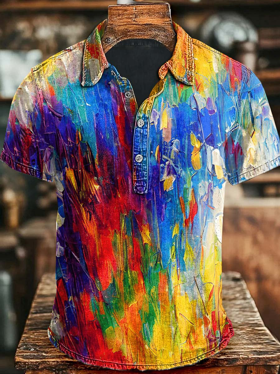 Abstract Oil Gradient Color Print Casual Short Sleeve Polo Shirt Halloween Gift For Lovers And Besties