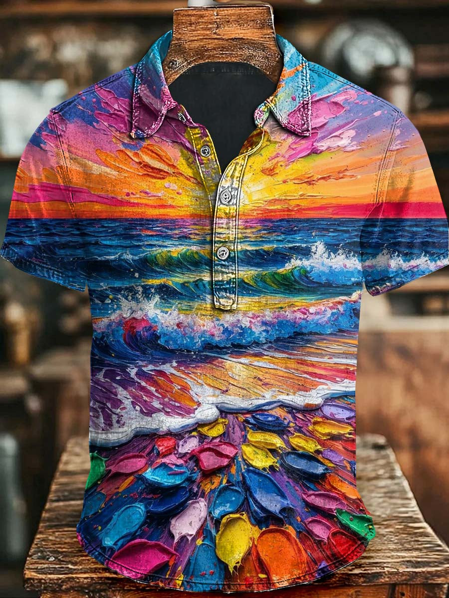 Abstract Oil Painting Beach Print Casual Short Sleeve Polo Shirt Halloween Presents For Men Women