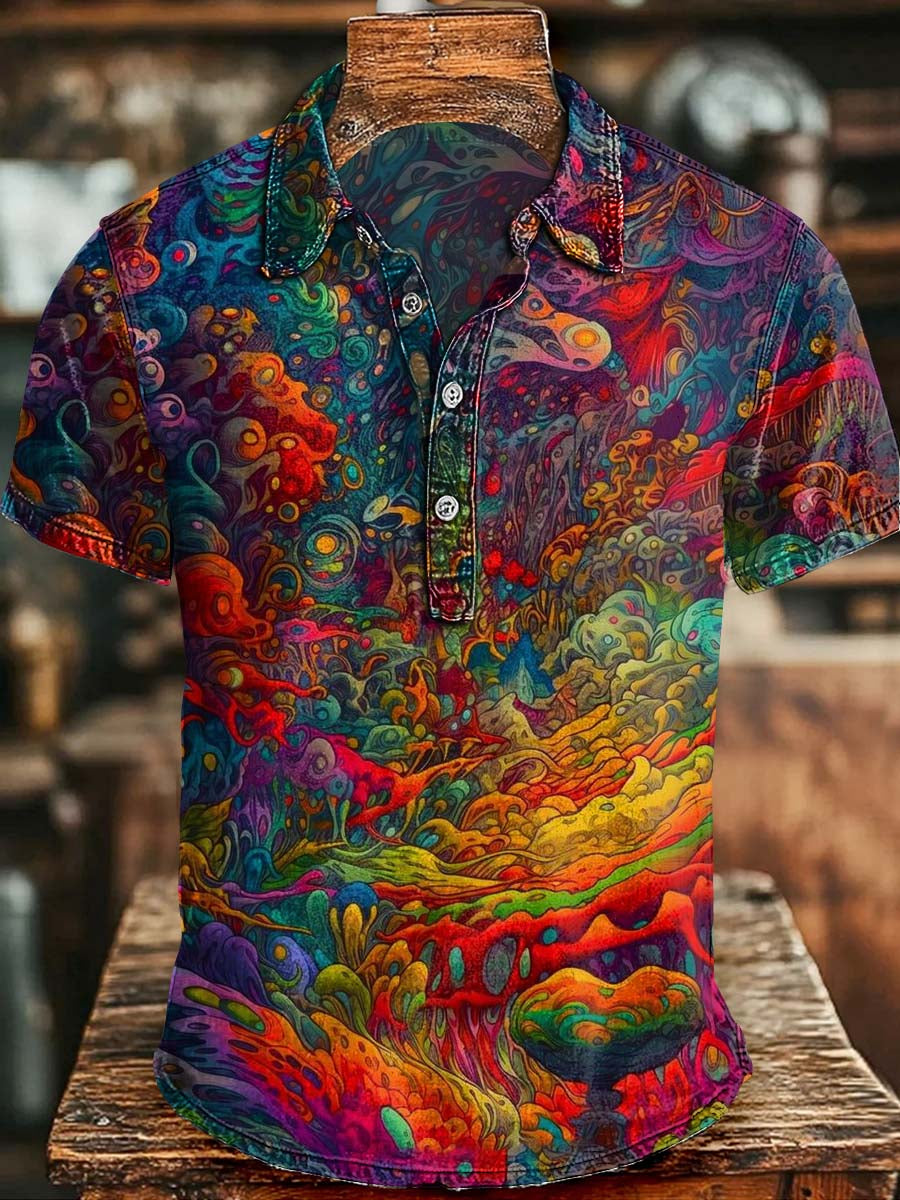 Abstract Psychedelic Print Casual Short-Sleeve Polo Shirt Witch Costume For Him