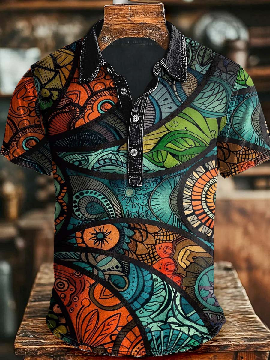 Abstract Retro Floral Print Casual Short Sleeve Polo Shirt Apparel Halloween Day For Friends