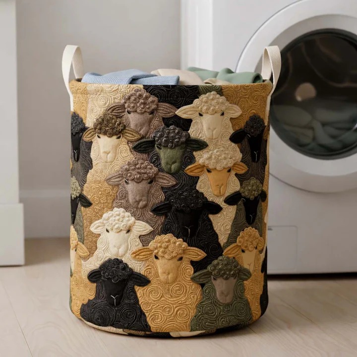 Abstract Sheep Pattern Quilted Laundry Basket Farmhouse Home Storage Best Gift Ideas For Sheep Lovers