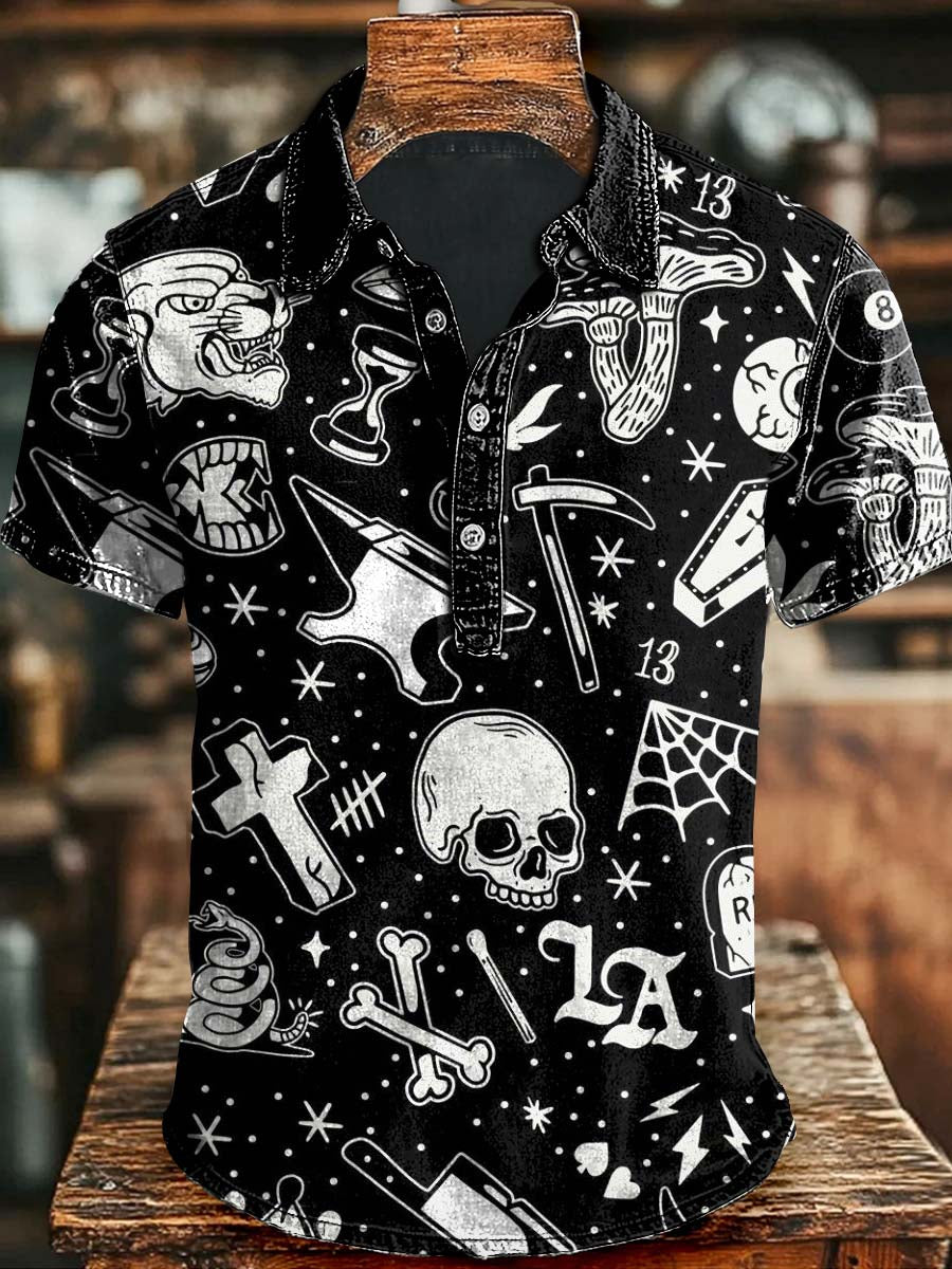 Abstract Skull Print Casual Short Polo Shirt Apparel Halloween Day Present Ideas