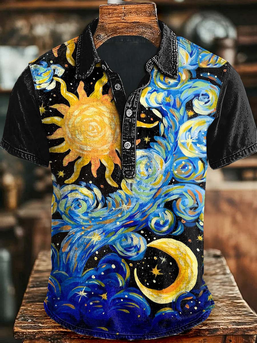 Abstract Sun Moon Print Casual Short Sleeve Polo Shirt Halloween Gifts For Teens