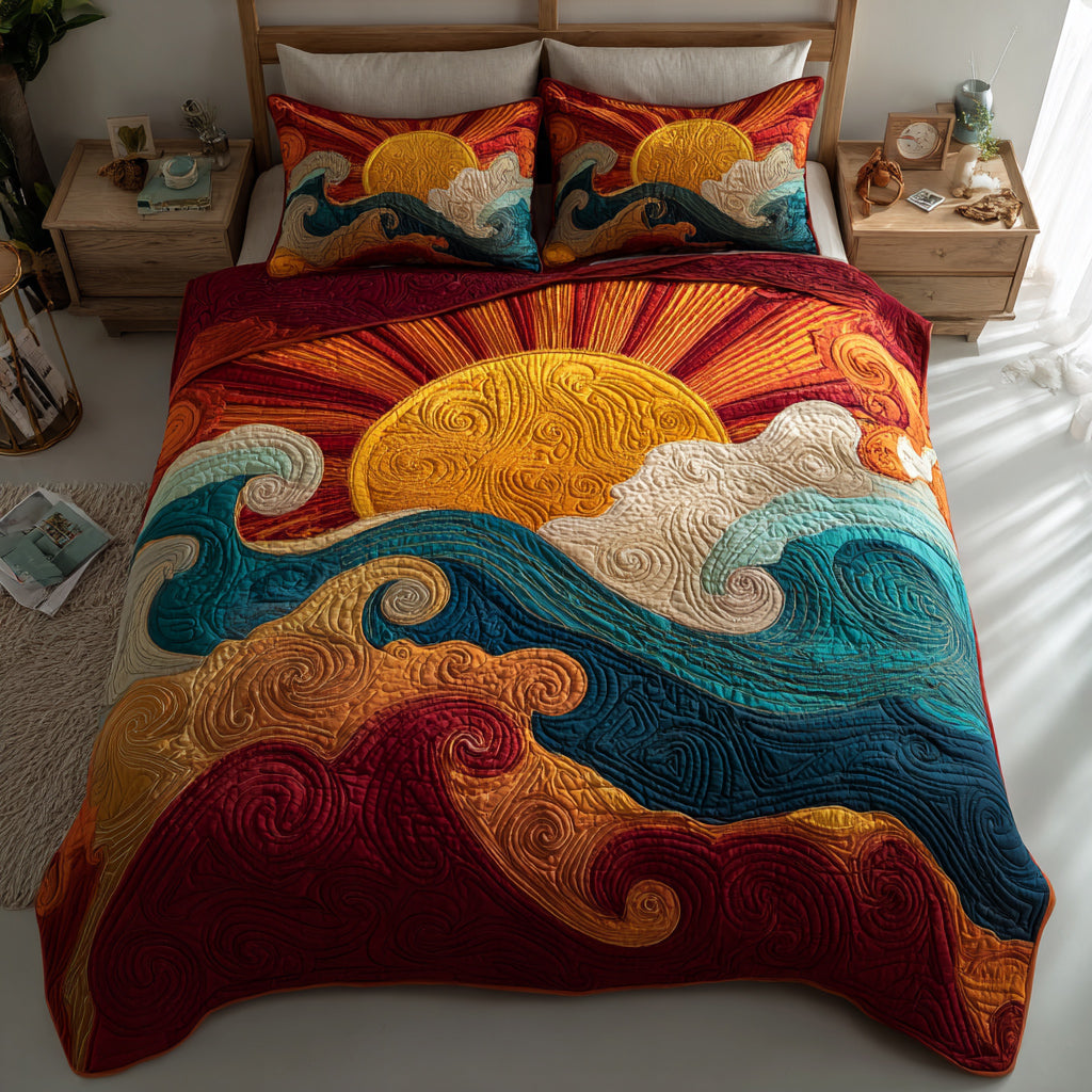 Abstract Sun Waves Quilted Bedding Set Unique Bed Sheet Set Family Xmas Gift Ideas
