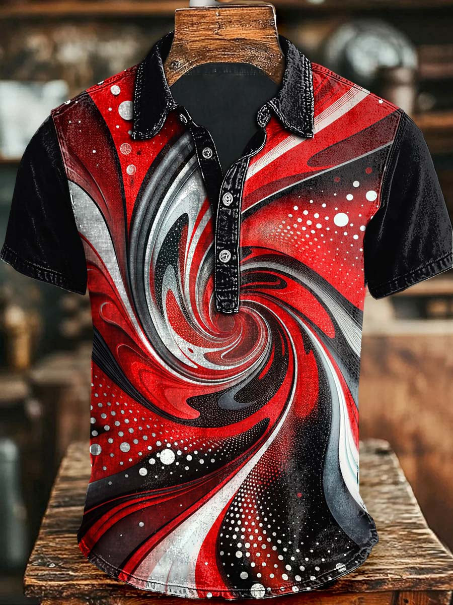 Abstract Swirl Rotating Print Casual Short Sleeve Polo Shirt Halloween Presents For Men