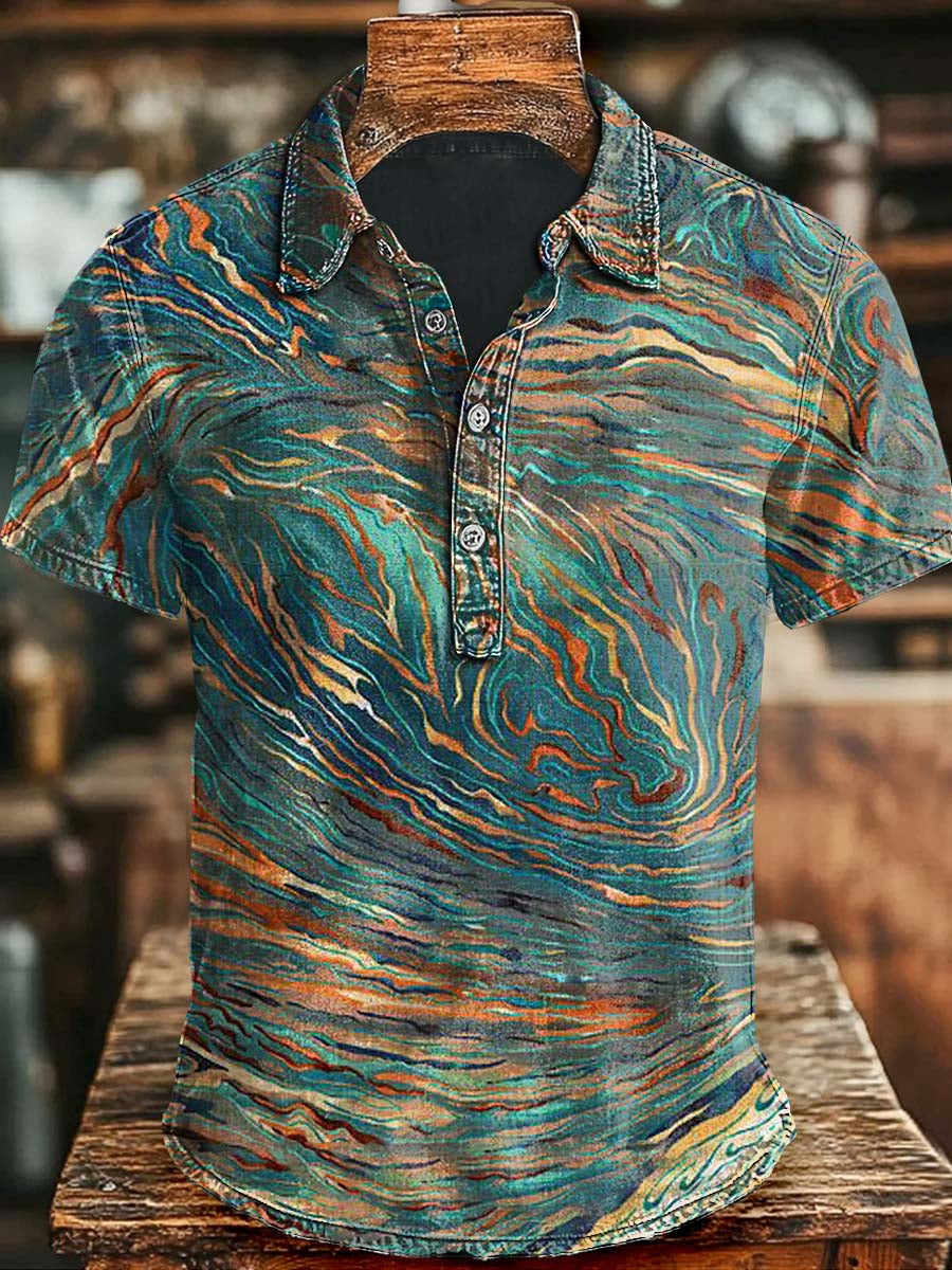 Abstract Swirl Stripe Print Casual Short Sleeve Polo Shirt Witch Costume For Brother