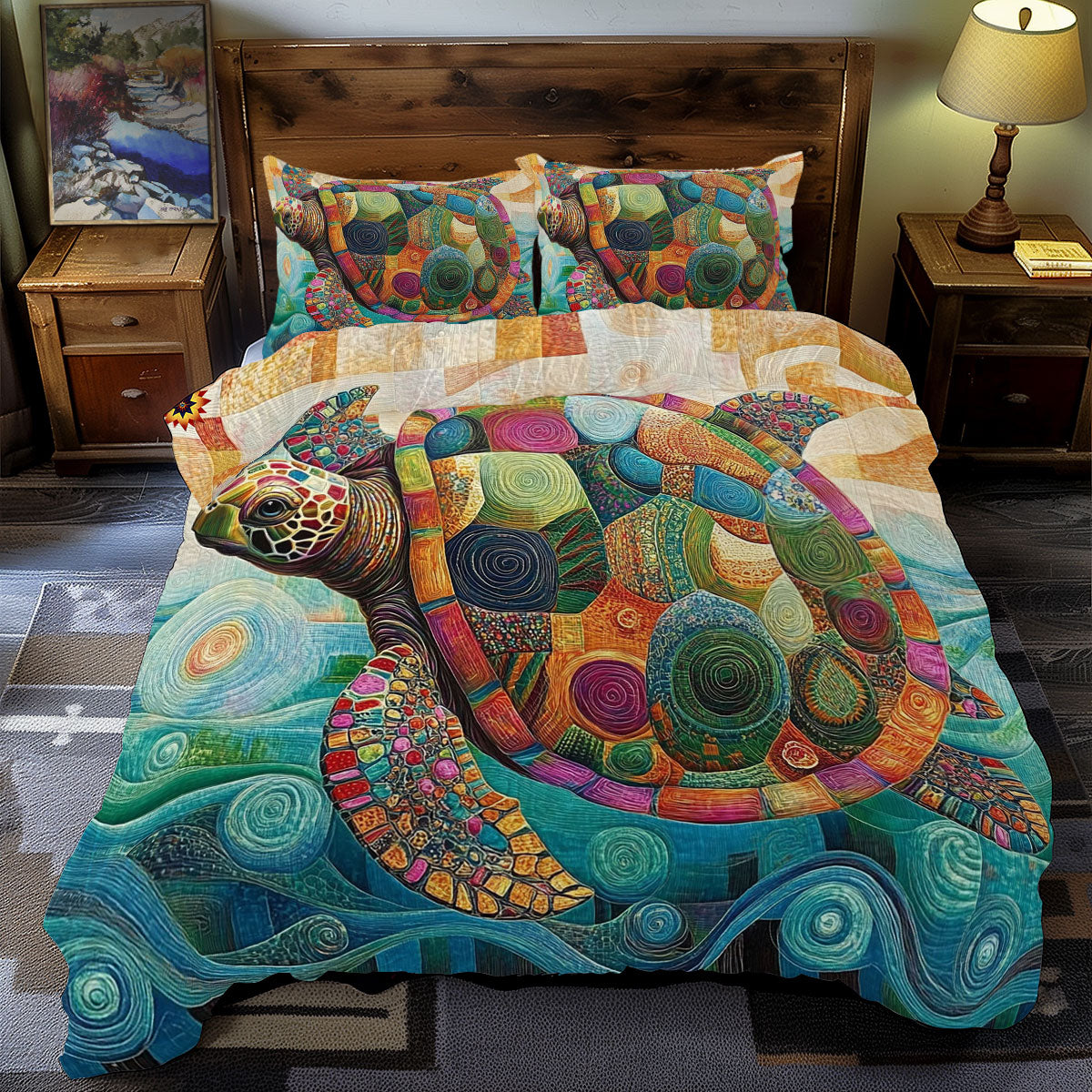 Abstract Turtle Quilt Bedding Set Twin Duvet Covers Coastal Gift for Ocean Lovers