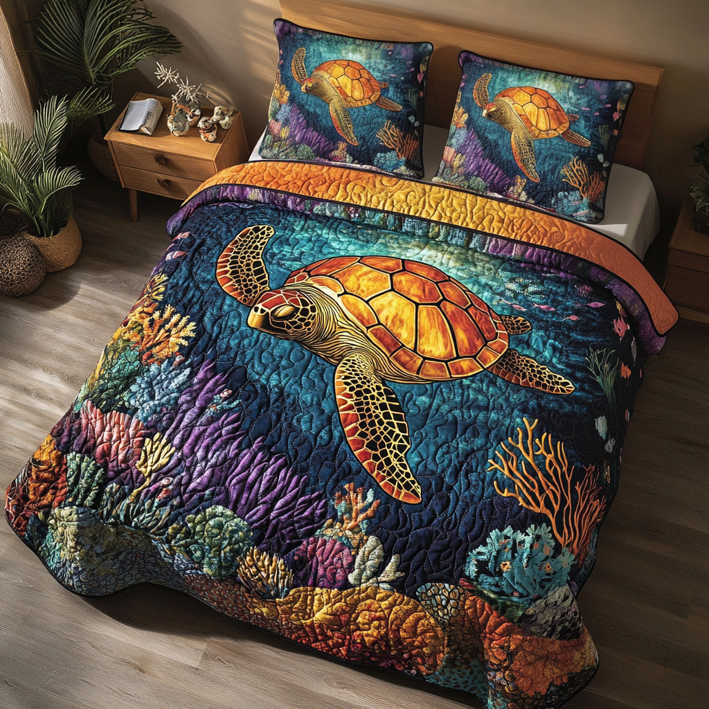 Abyss Glow Quilted Bedding Set Queen Size Quilt Ocean Inspired Gift For Husband