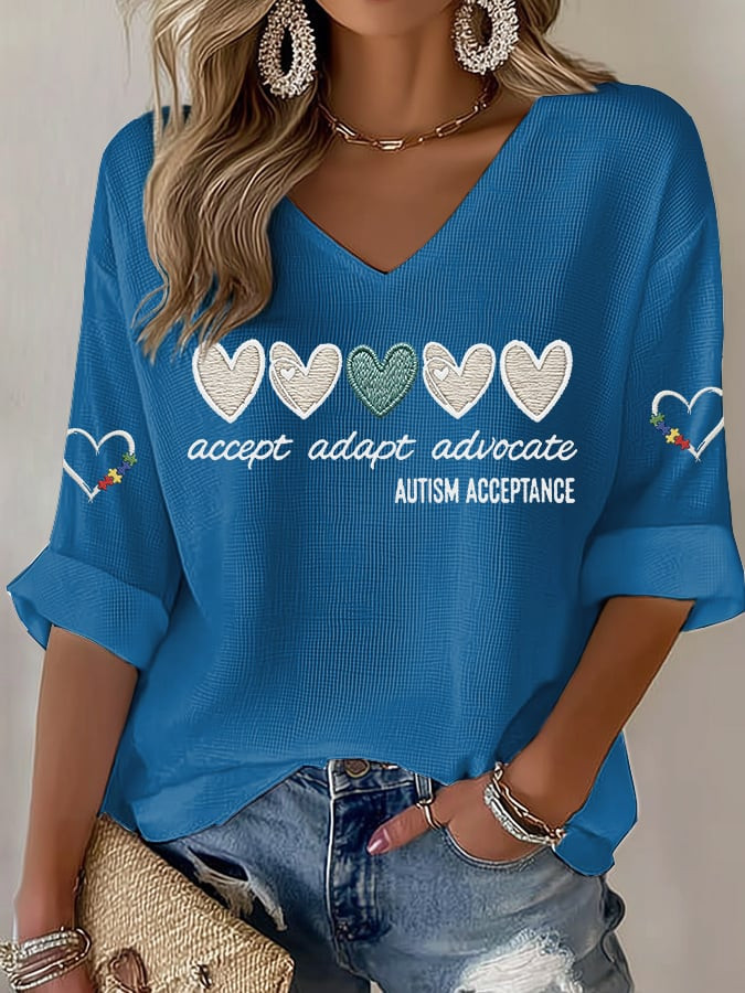 Accept Adapt Advocate V-Neck Long Sleeve Shirt Autism Awareness Clothing Gift Ideas