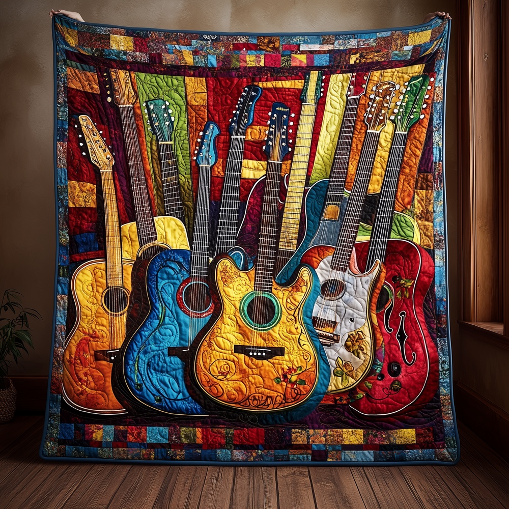 Acoustic Guitar Melody Quilted Blanket Colorful Music Patchwork Art Throw Best Gift For Guitar Lovers