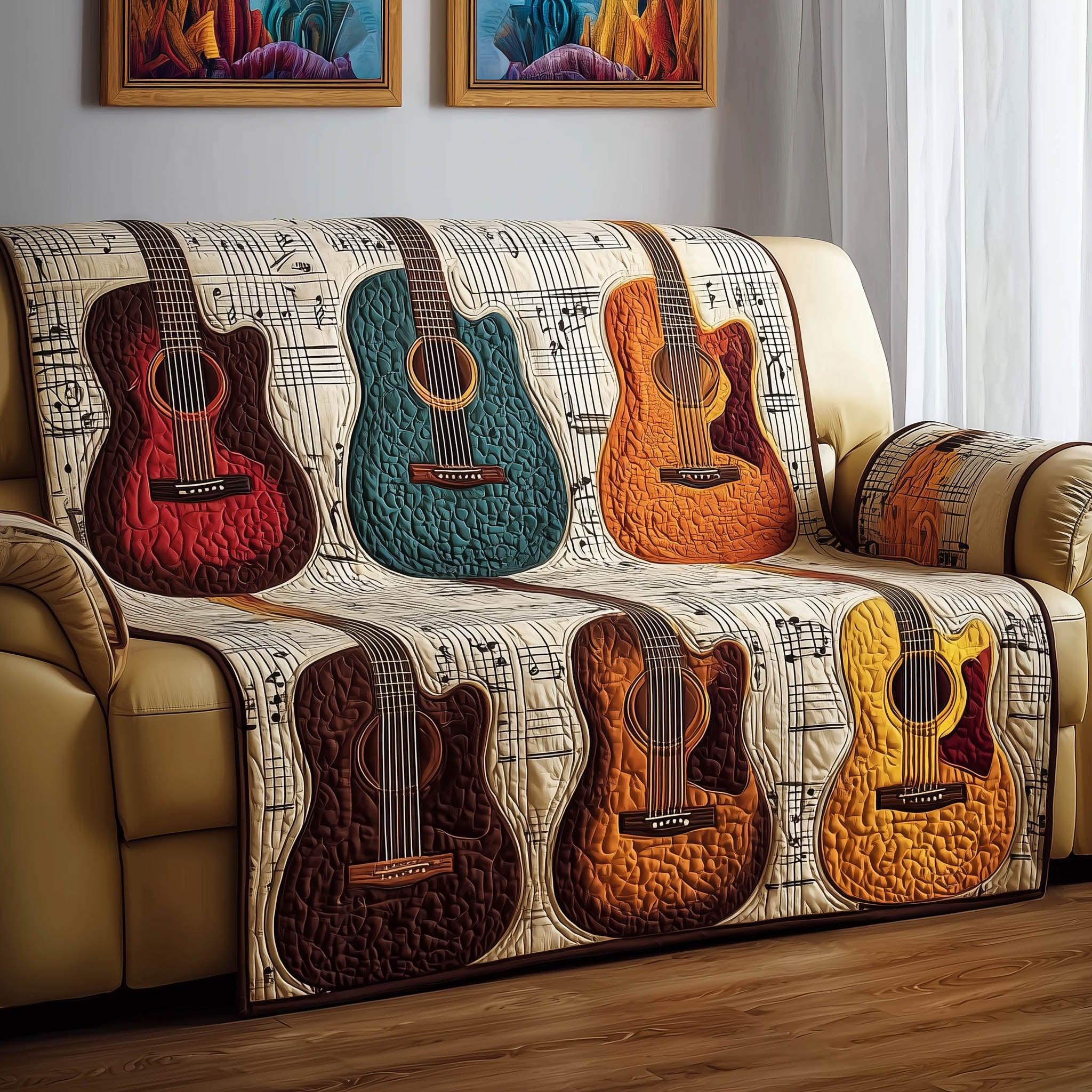 Acoustic Guitar Quilted Sofa Cover Music Lover Sofa Protector Best Gifts For Guitar Lovers