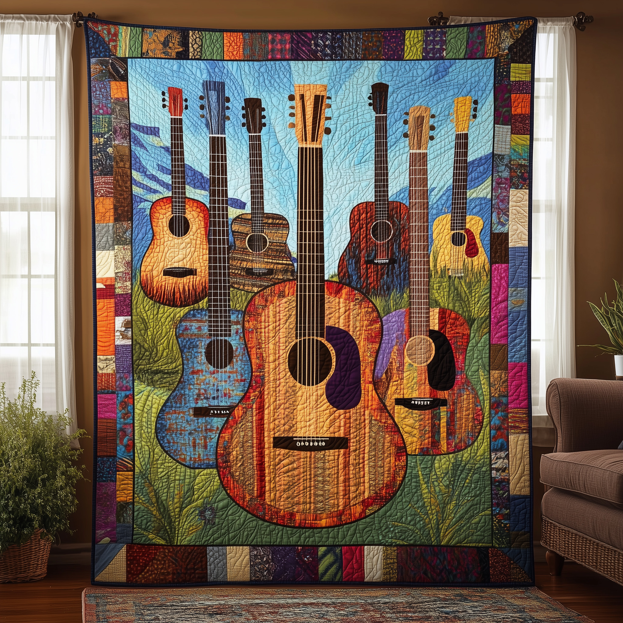 Acoustic Guitars Retro Design Quilted Blanket Christmas Gifts For Guitar Players