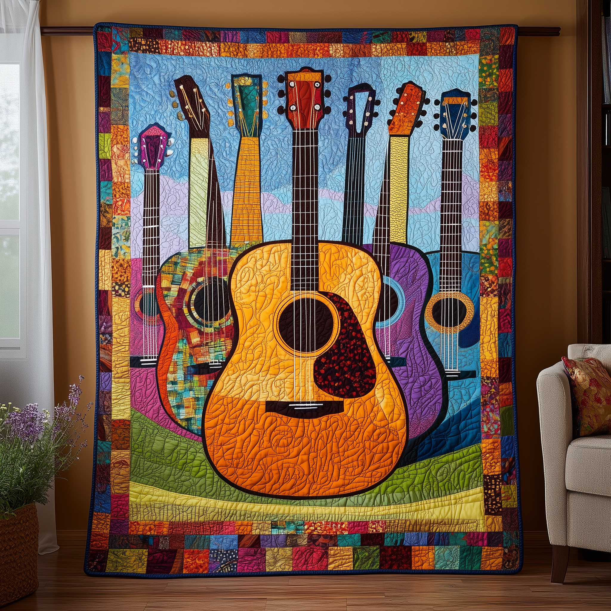 Acoustic Guitars Vintage Style Quilted Blanket Music Lover Best Present For Guitar Player