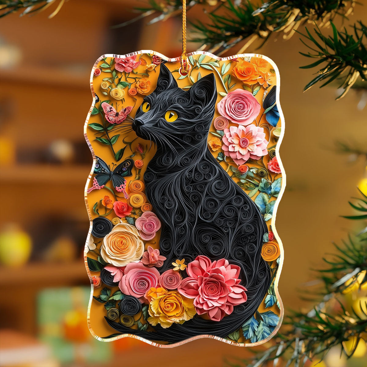 Acrylic Ornament Black Cat Blooms Heartfelt Gift For Mom And Dad Festive Merch Ornament Design
