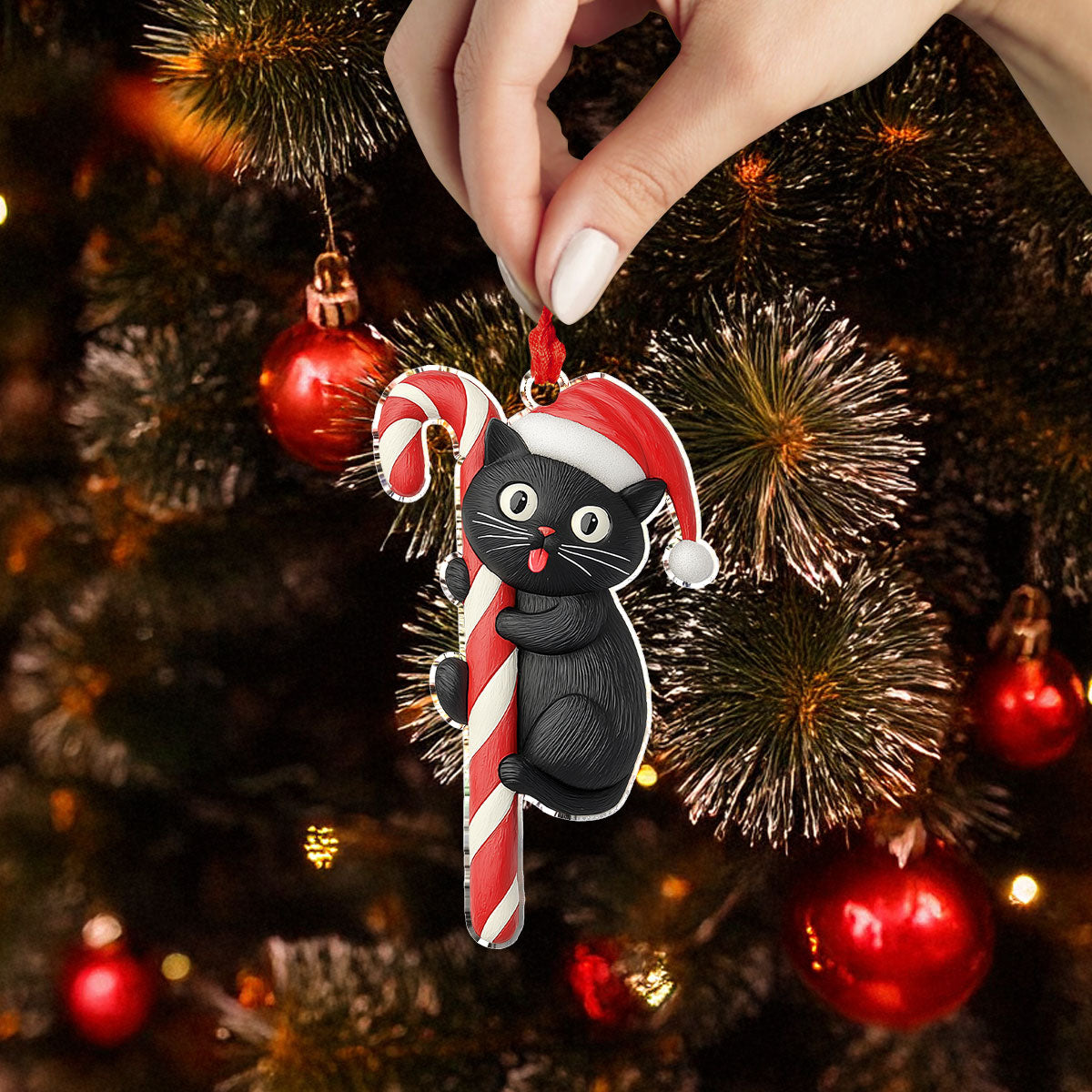 Acrylic Ornament Black Cat Candy Cane Warm Winter Home Ornament