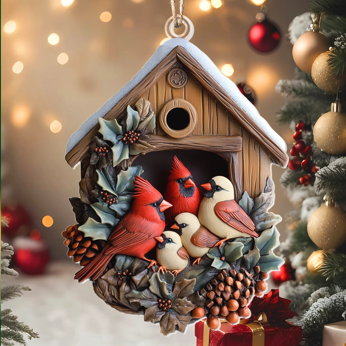 Acrylic Ornament Cardinal Family Snuggle Festive Living Room Ornament