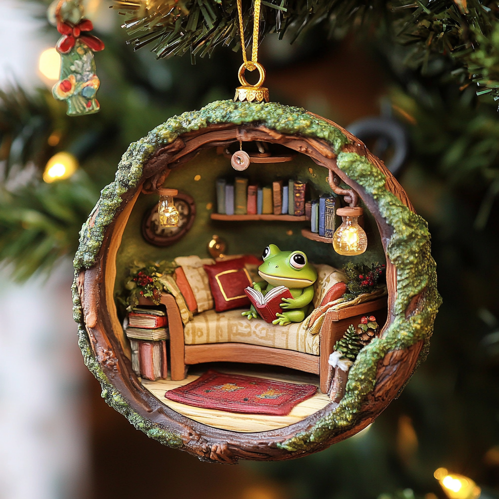 Acrylic Ornament Cozy Frog Reading Nook Festive Christmas Tree Ornament