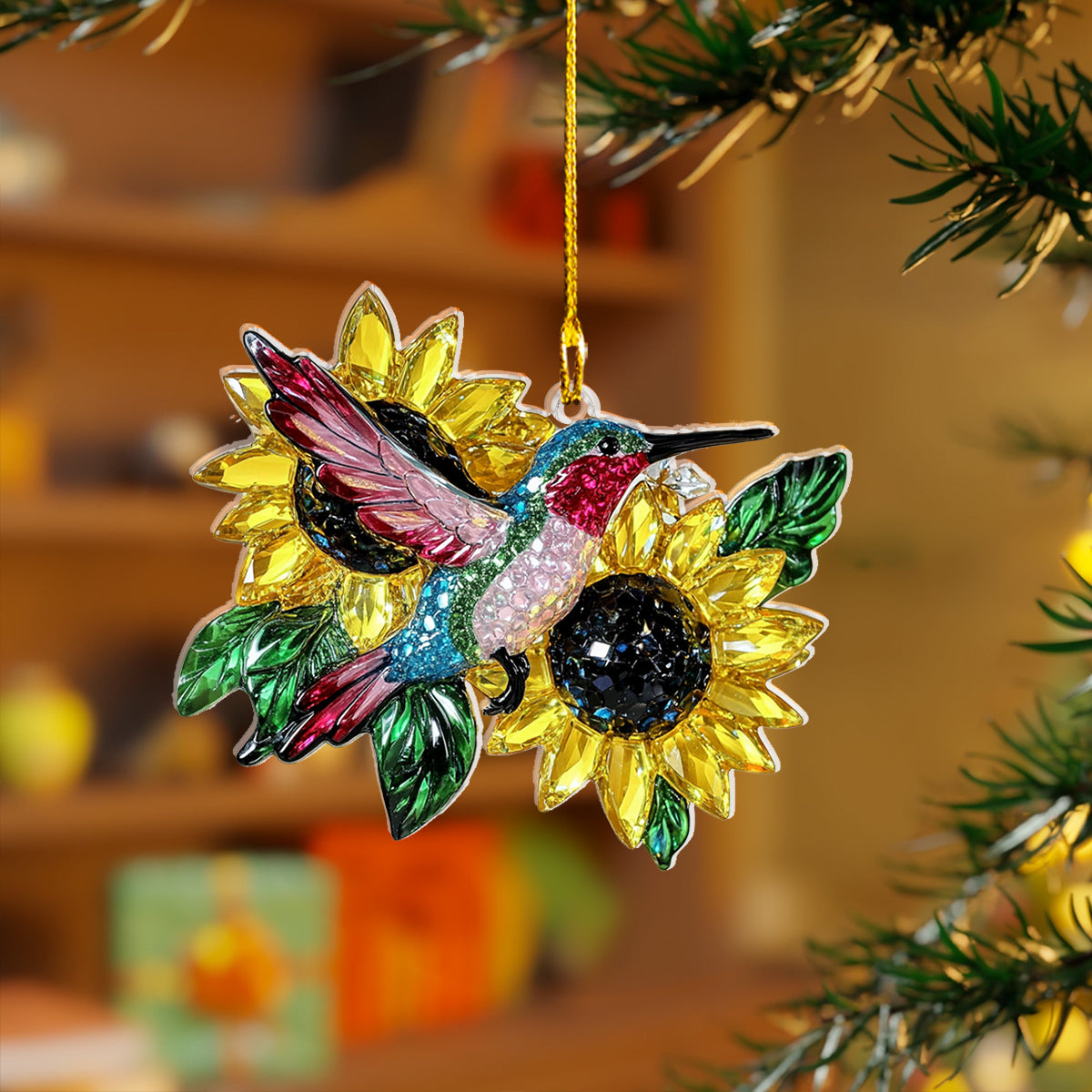Acrylic Ornament Crystal Hummingbird And Sunflower Unique Merch Ornament Gift