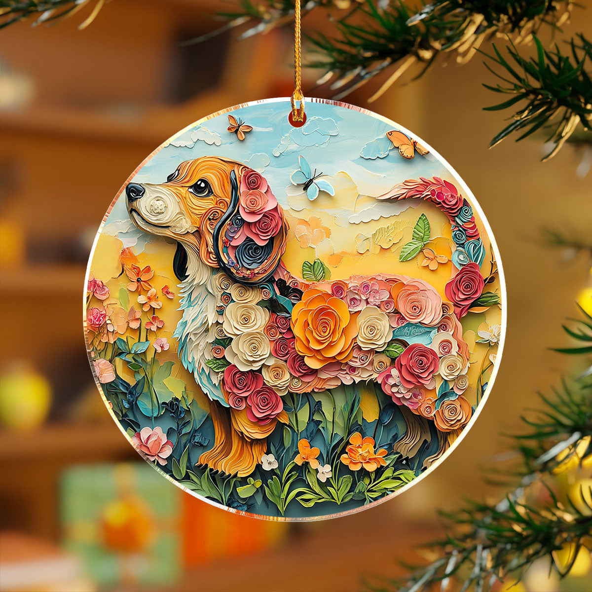 Acrylic Ornament Dachshund Floral Charm Beautiful Christmas Ornament