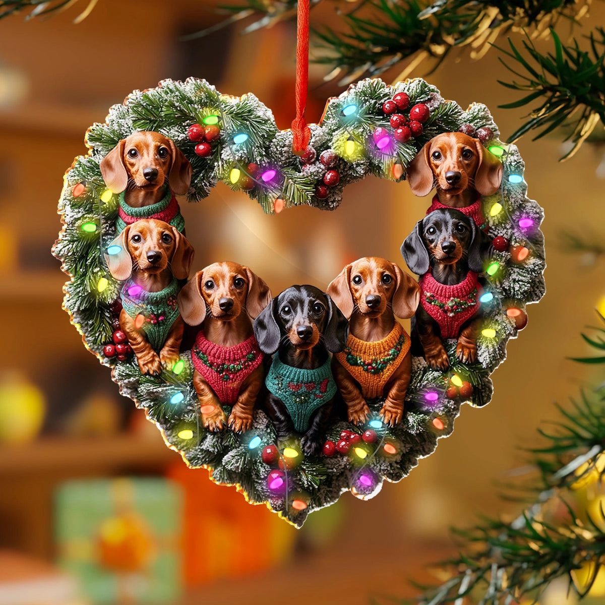 Acrylic Ornament Dachshund Holiday Heart Glow Elegant Christmas Tree Ornament