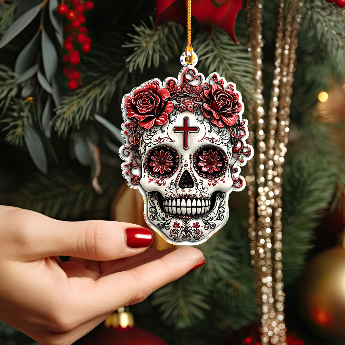 Acrylic Ornament Eternal Rose Sugar Skull Perfect Holiday Tree Decoration