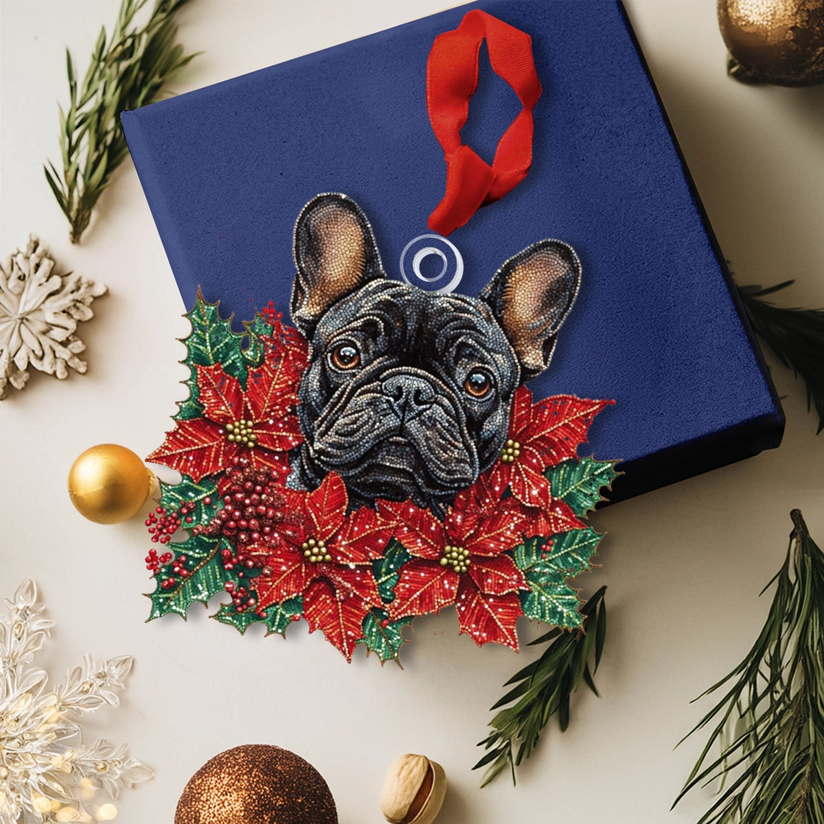 Acrylic Ornament Festive Frenchie Poinsettia Adorable Ornament For Friends