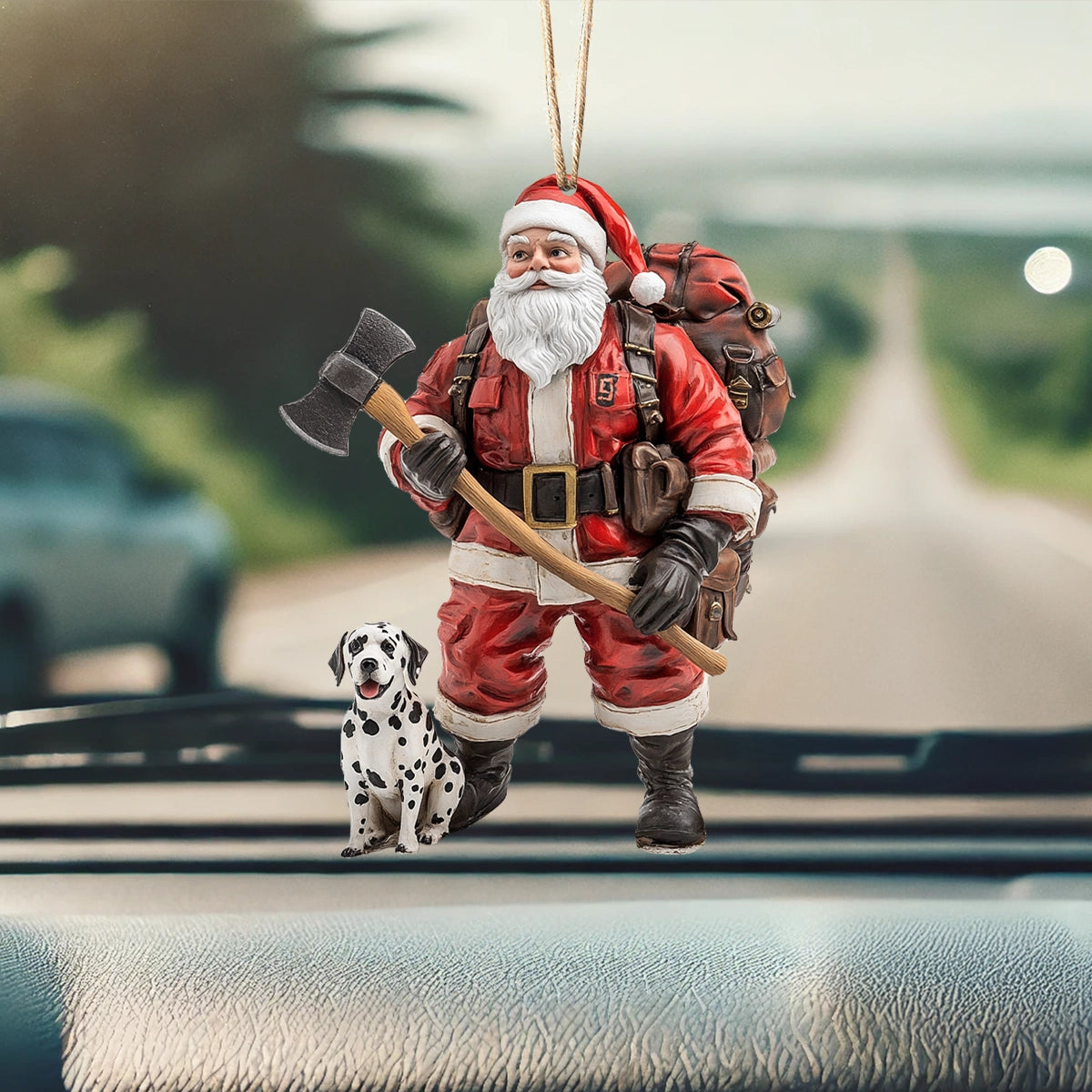Acrylic Ornament Firefighter Santa With Dalmatian Festive Merch Ornament Design