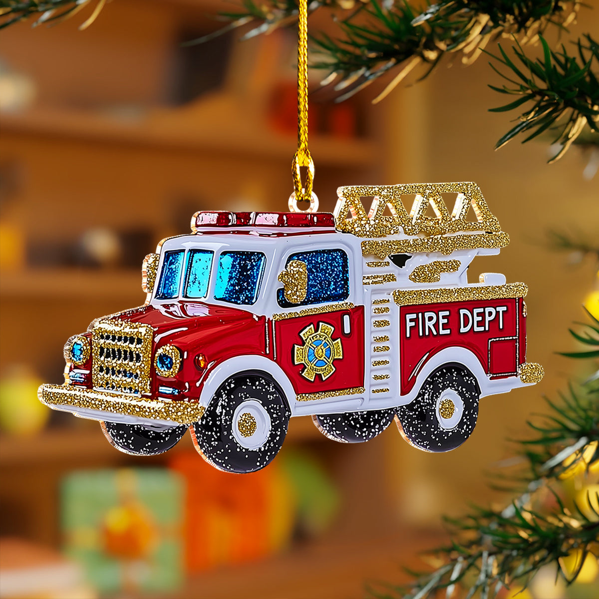 Acrylic Ornament Glittered Fire Truck Christmas Charming Ornament For Couples