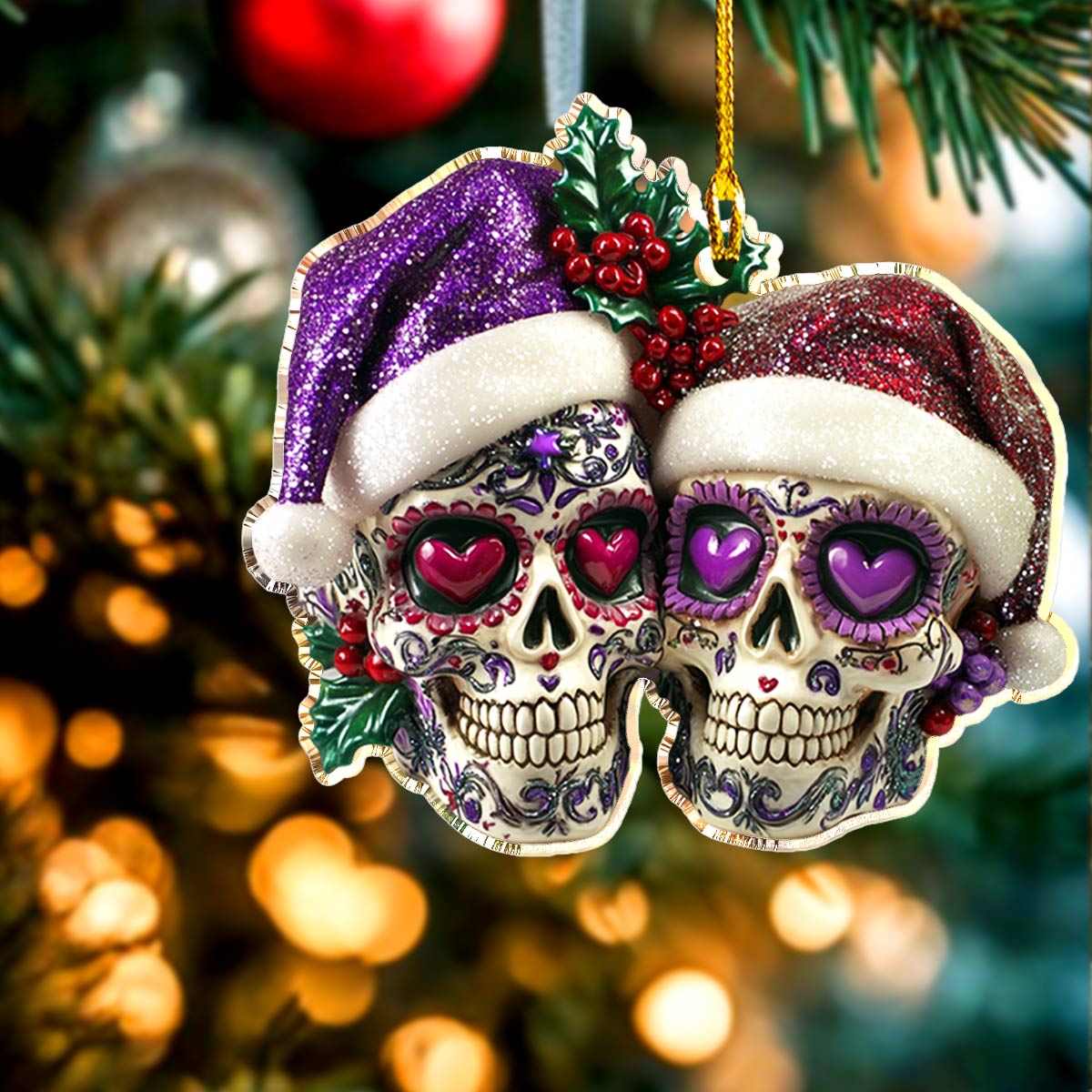 Acrylic Ornament Gorgeous Purple Christmas Sugar Skulls Love Festive Christmas Tree Ornament