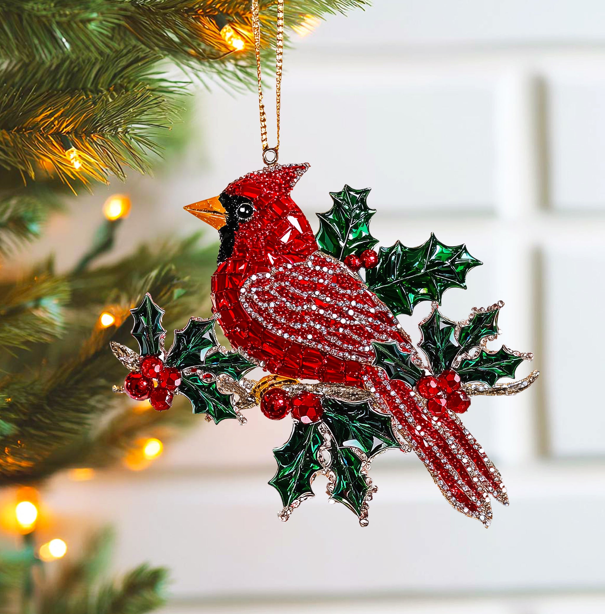 Acrylic Ornament Holly Berry Cardinal Beautiful Christmas Ornament