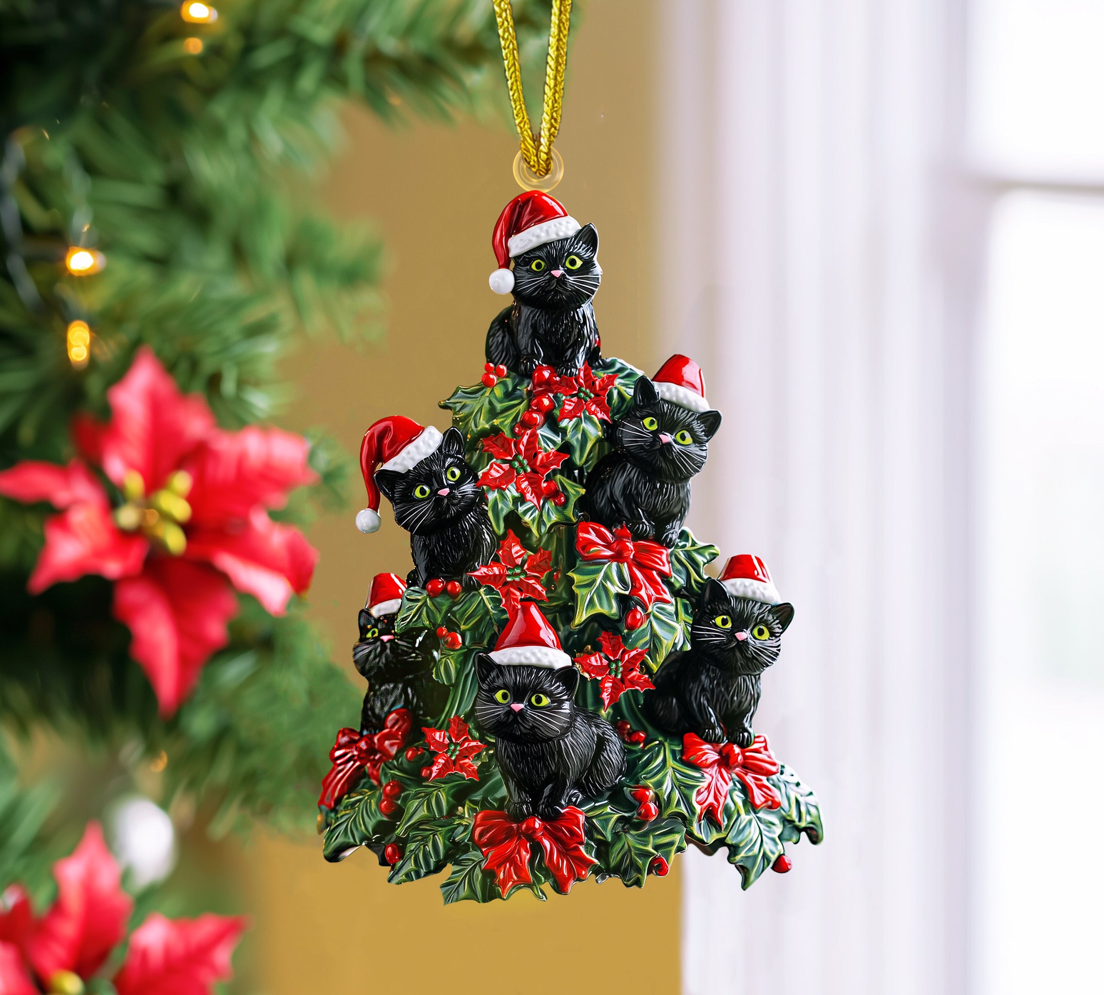 Acrylic Ornament Holly Berry Christmas Black Cats Stylish Holiday Ornament Design