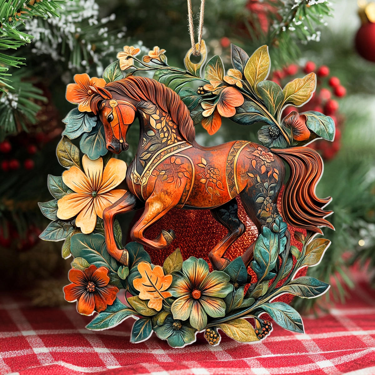 Acrylic Ornament Horse Majestic Steed Floral Warm Winter Home Ornament