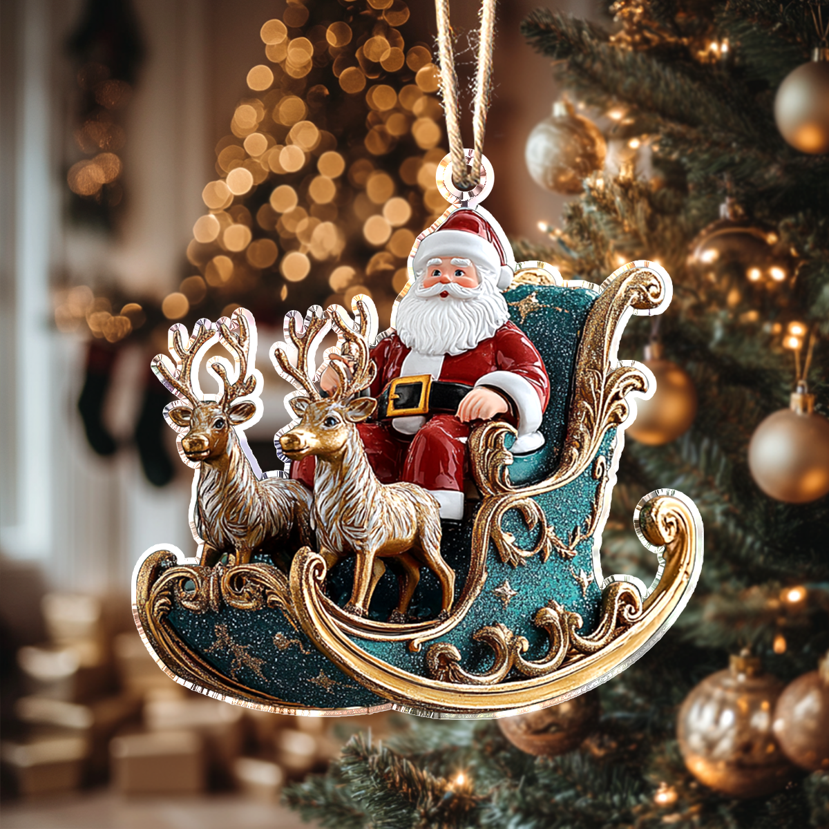 Acrylic Ornament Magical Santa Green Sleigh Cute Custom Christmas Ornament