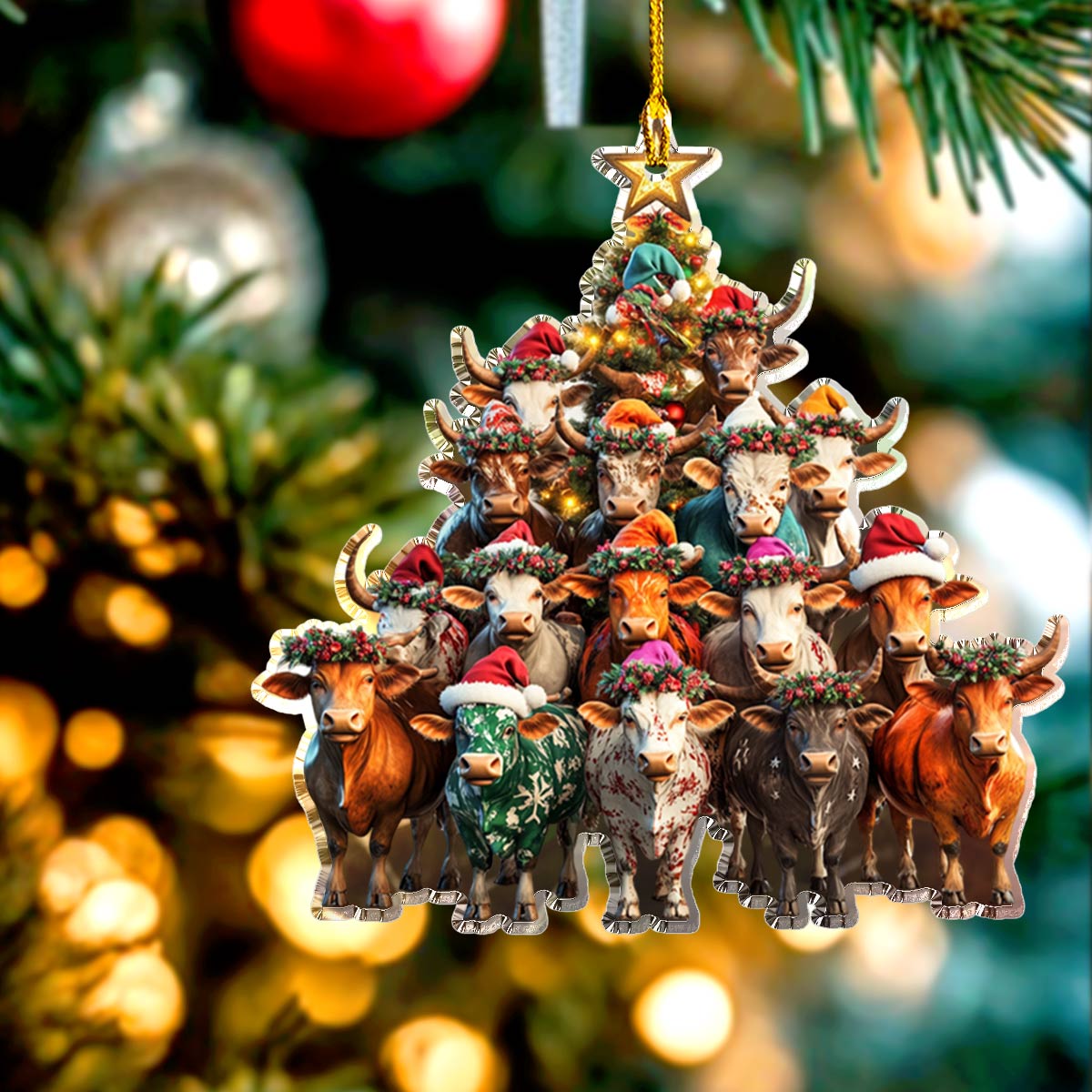Acrylic Ornament Merry Christmas Cows Tree Heartwarming Holiday Decoration