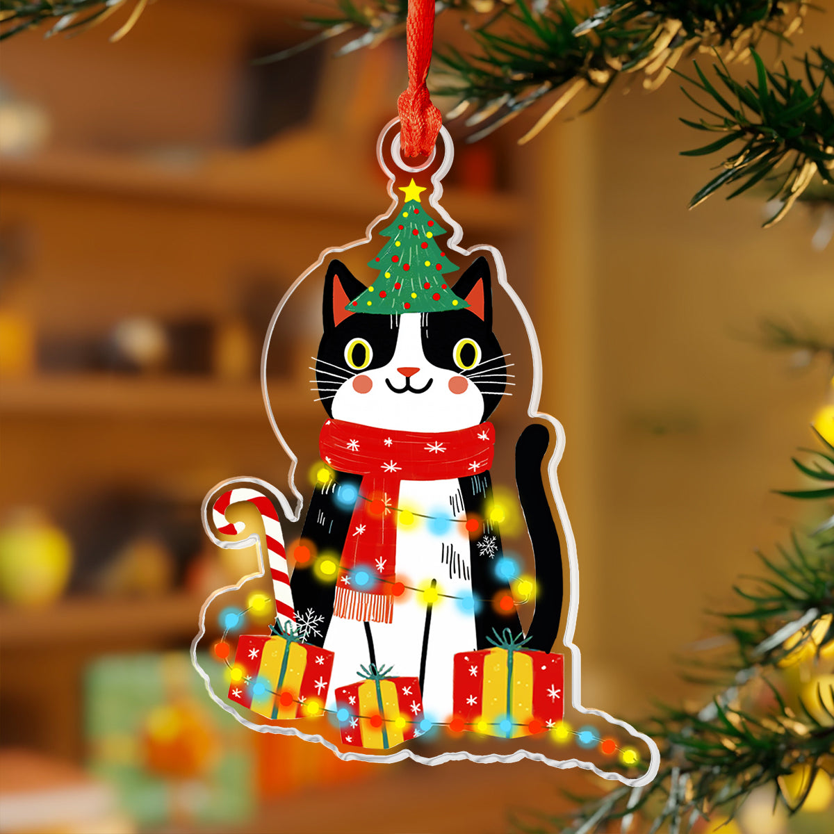 Acrylic Ornament Naughty Cat With Christmas Light Elegant Christmas Tree Ornament