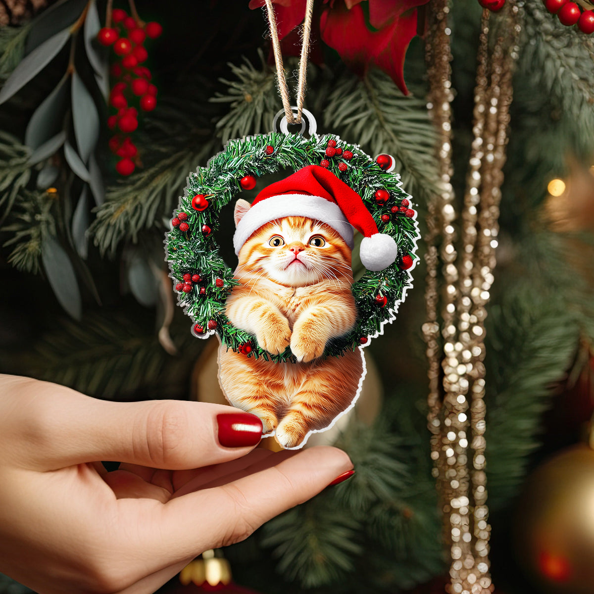 Acrylic Ornament Naughty Cat With Holly Berry Wreath Beautiful Ornament For Family