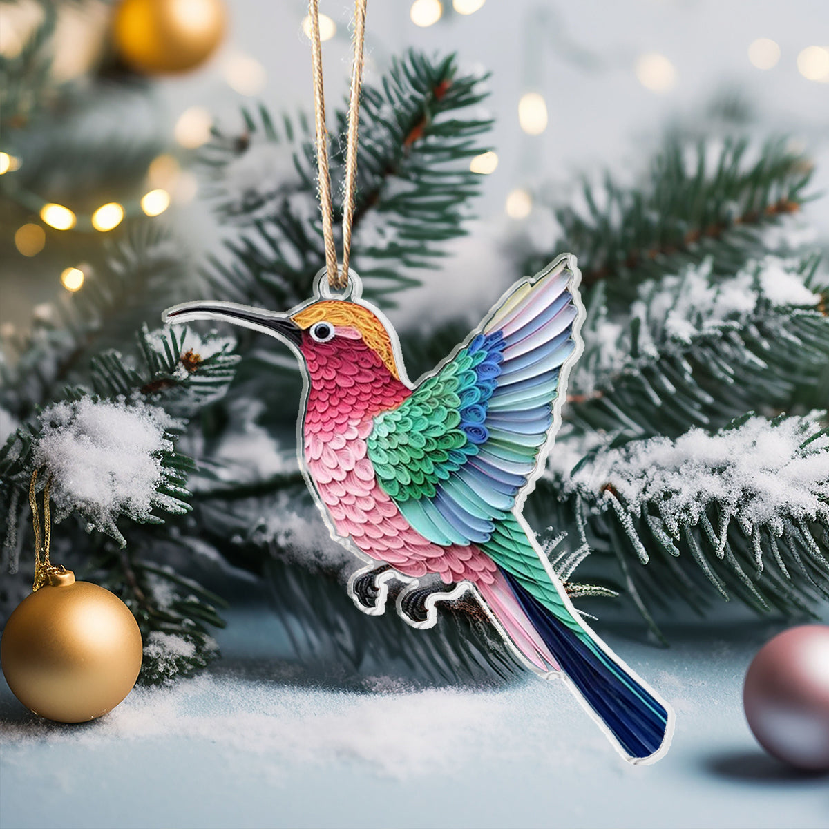 Acrylic Ornament Rainbow Feather Hummingbird Creative Printed Merch Design Christmas Ornament for Merch Lovers