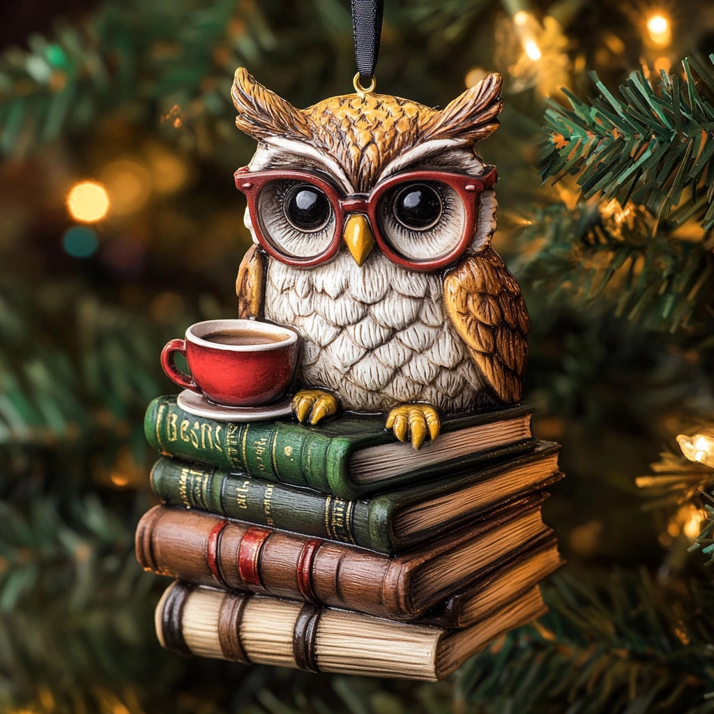 Acrylic Ornament Reading Sips Owl Heartwarming Holiday Decoration