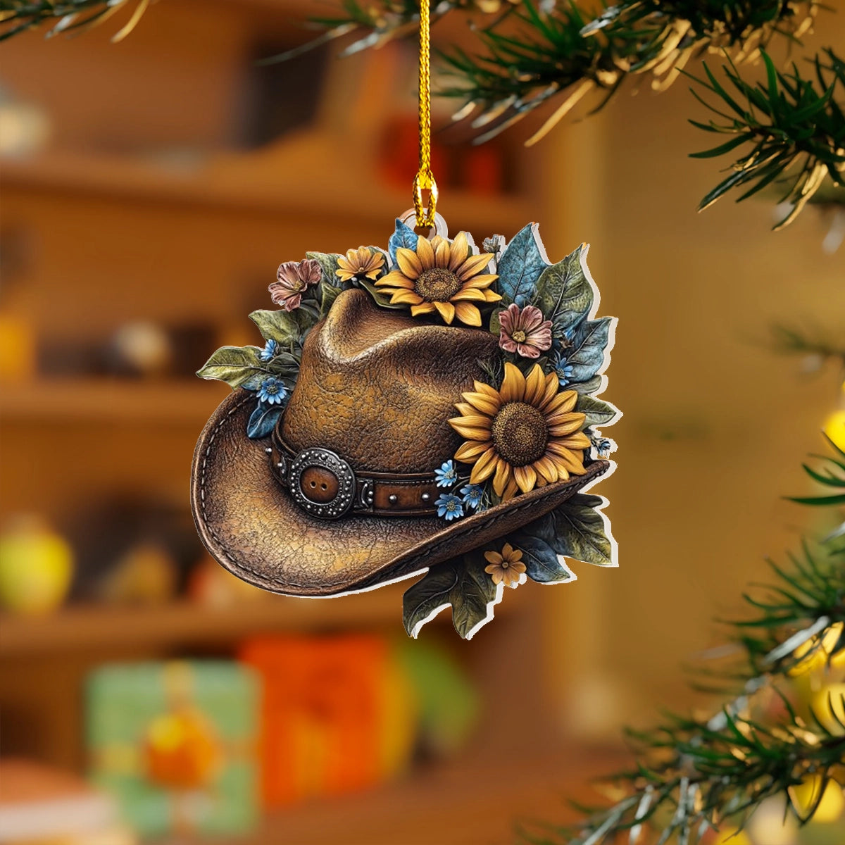 Acrylic Ornament Rustic Sunflower Cowboy Hat Cute Custom Christmas Ornament