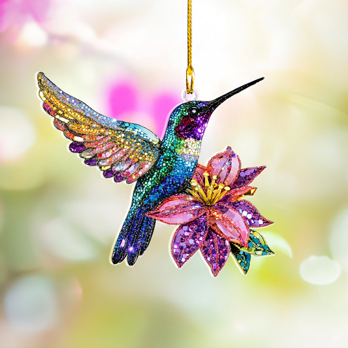 Acrylic Ornament Shimmering Floral Hummingbird Unique Keepsake Ornament Gift