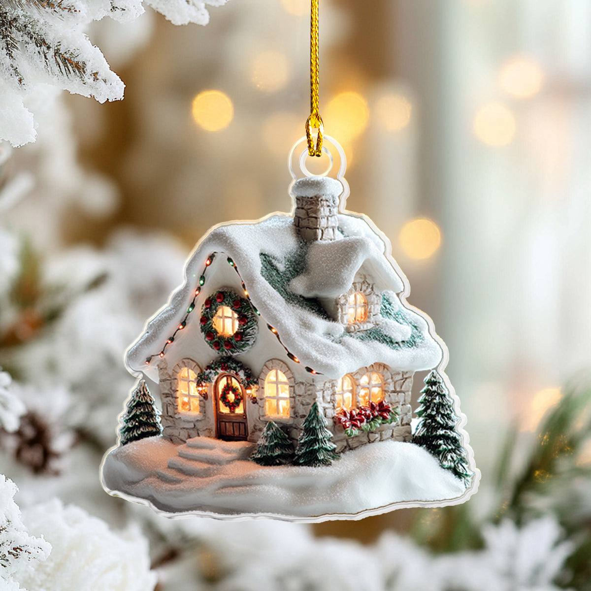 Acrylic Ornament Snowy Cottage Heartwarming Family Ornament Keepsake
